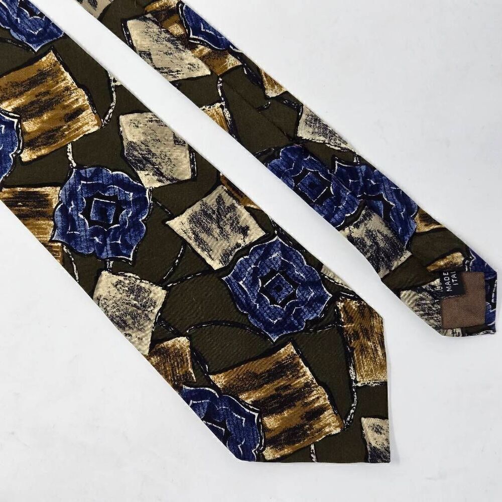 TED LAPIDUS ITALY SILK TIE VINTAGE OLIVE BLUE FLORAL ABSTRACT 3.75" X 57"